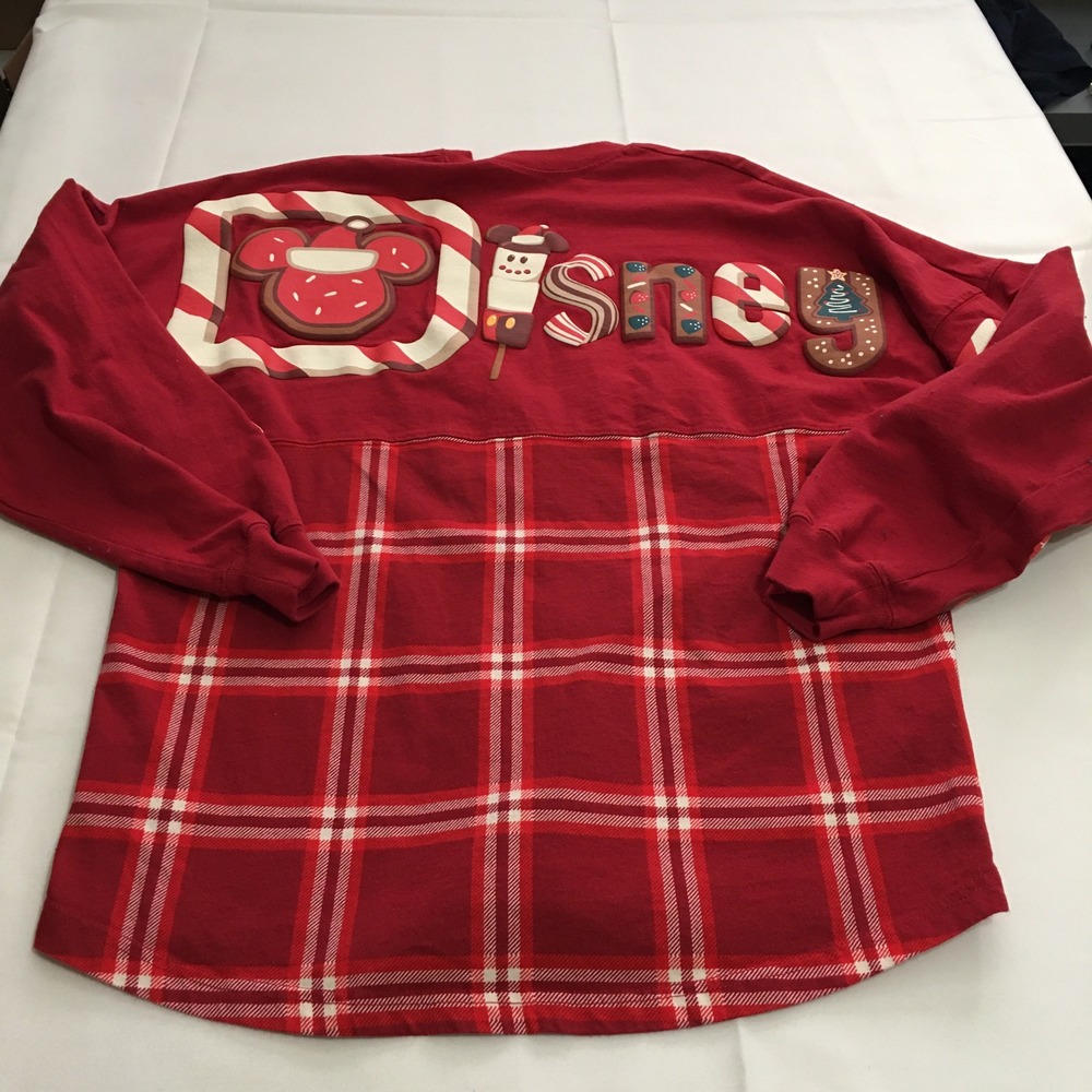 Disney Spirit Jersey Medium Red Plaid Christmas Gingerbread Holiday Long Sleeve